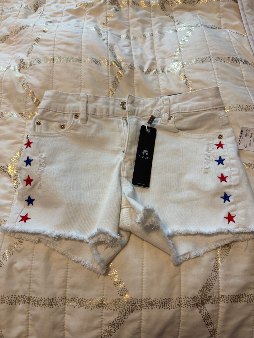 Tractr White Denim Shorts with Red & Blue Star Side Trim